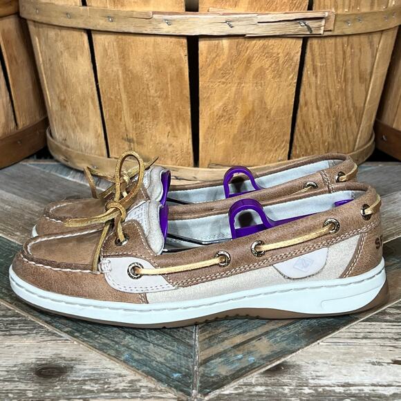 Sperry Angelfish Tan Gold Leather Canvas Lace-Up Boat Shoes Womens Size 5 - Picture 2 of 11